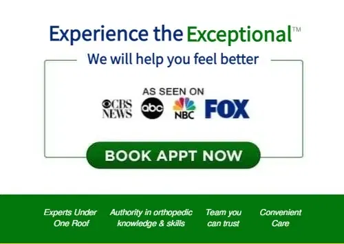 Reserva cita ahora. Experimenta lo excepcional. Te ayudaremos a sentirte mejor. Visto en las noticias de la CBS, ABC, NBC, Fox. Expertos bajo un mismo techo. Autoridad en conocimientos y habilidades ortopédicas. Un equipo en el que puedes confiar. Atención cómoda.